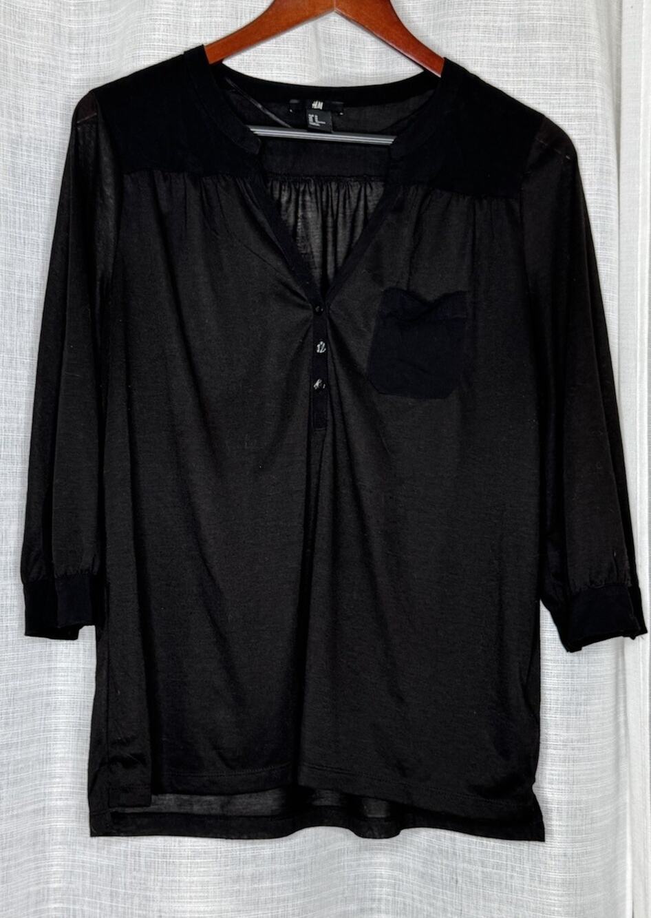 H&M Women's Black 3/4 Sleeve Blouse Size Medium Shirt Button Sheer